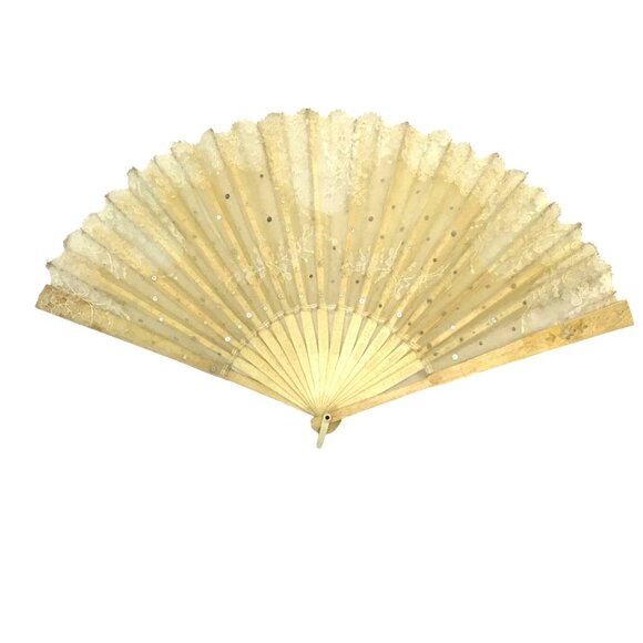 ANTIQUE Women Lace Folding Fan Sequins Embroidered Tulle Wooden Frame Repairable - Picture 2 of 11